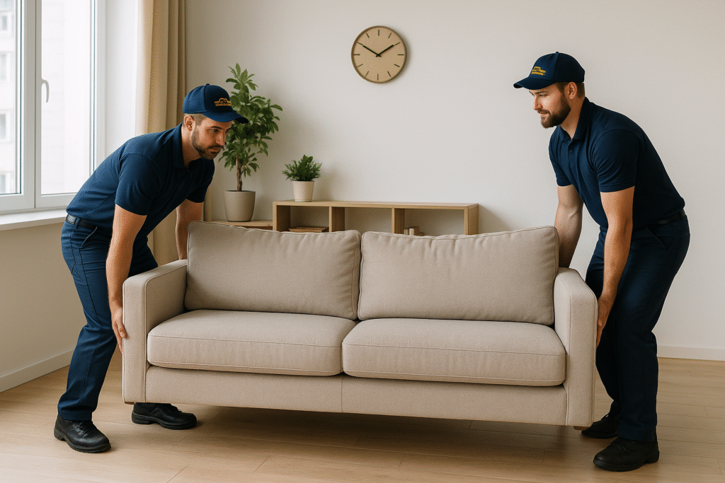 Golds Removals team moving a couch in a London living room
