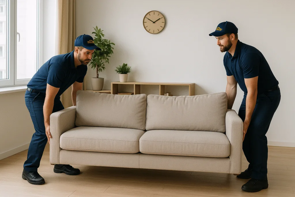 Golds Removals team moving a couch in a London living room