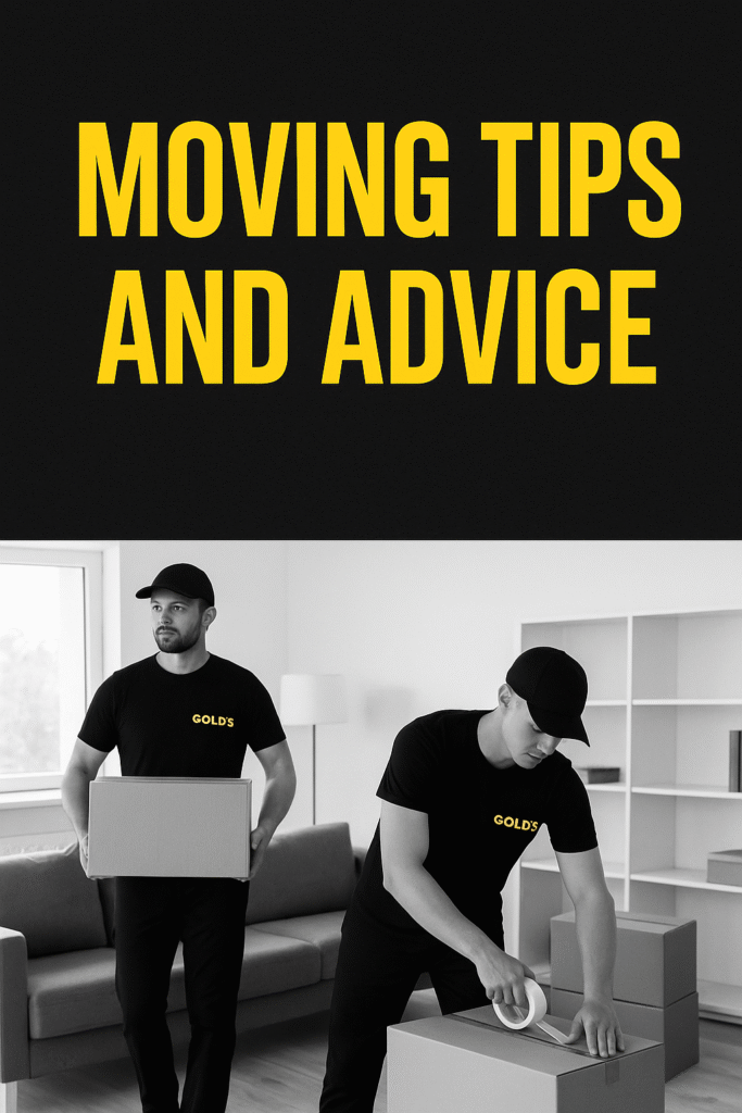 "Gold's Removals movers in black branded shirts packing boxes in a modern London home, featured in the Moving Tips and Advice blog"