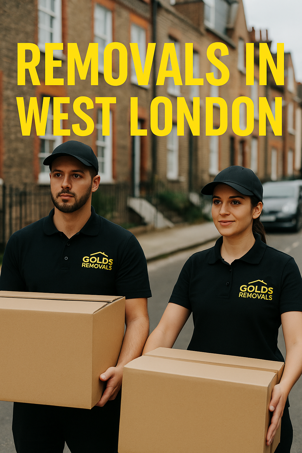 Gold’s Removals team standing outside with a branded van on a residential street in West London