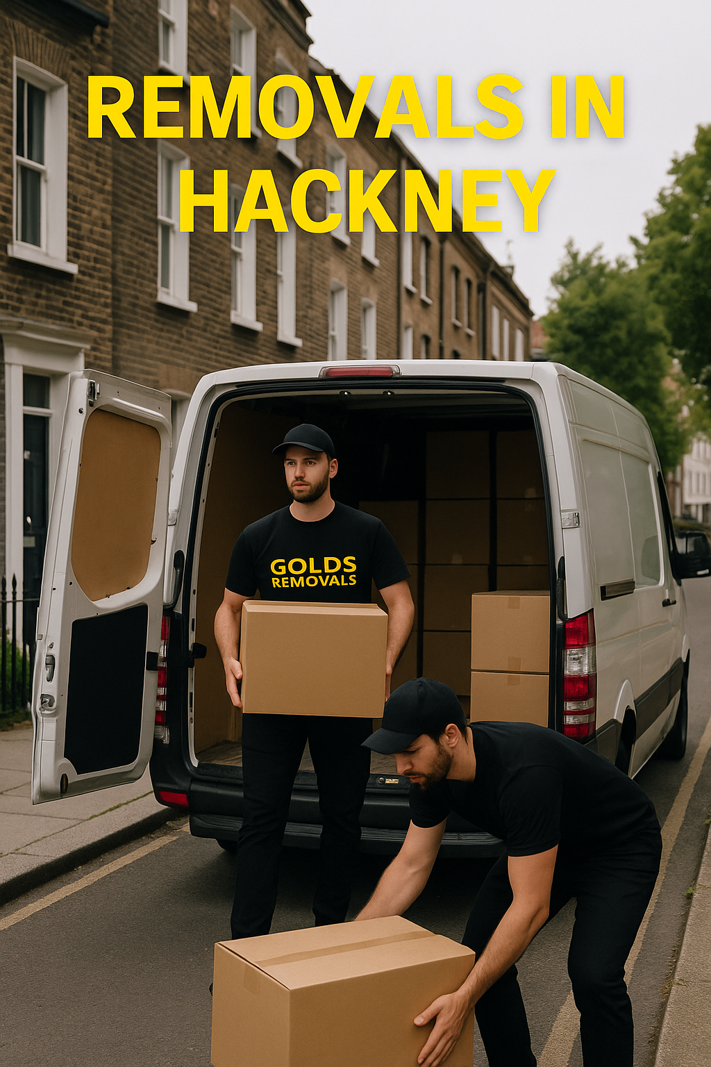 Gold’s Removals team unloading a moving van on a residential street in Hackney, London