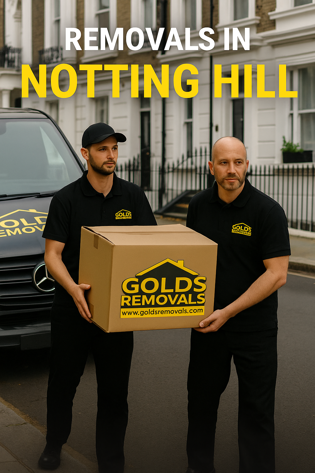 Gold’s Removals team beside a branded van during a residential move in Notting Hill, West London