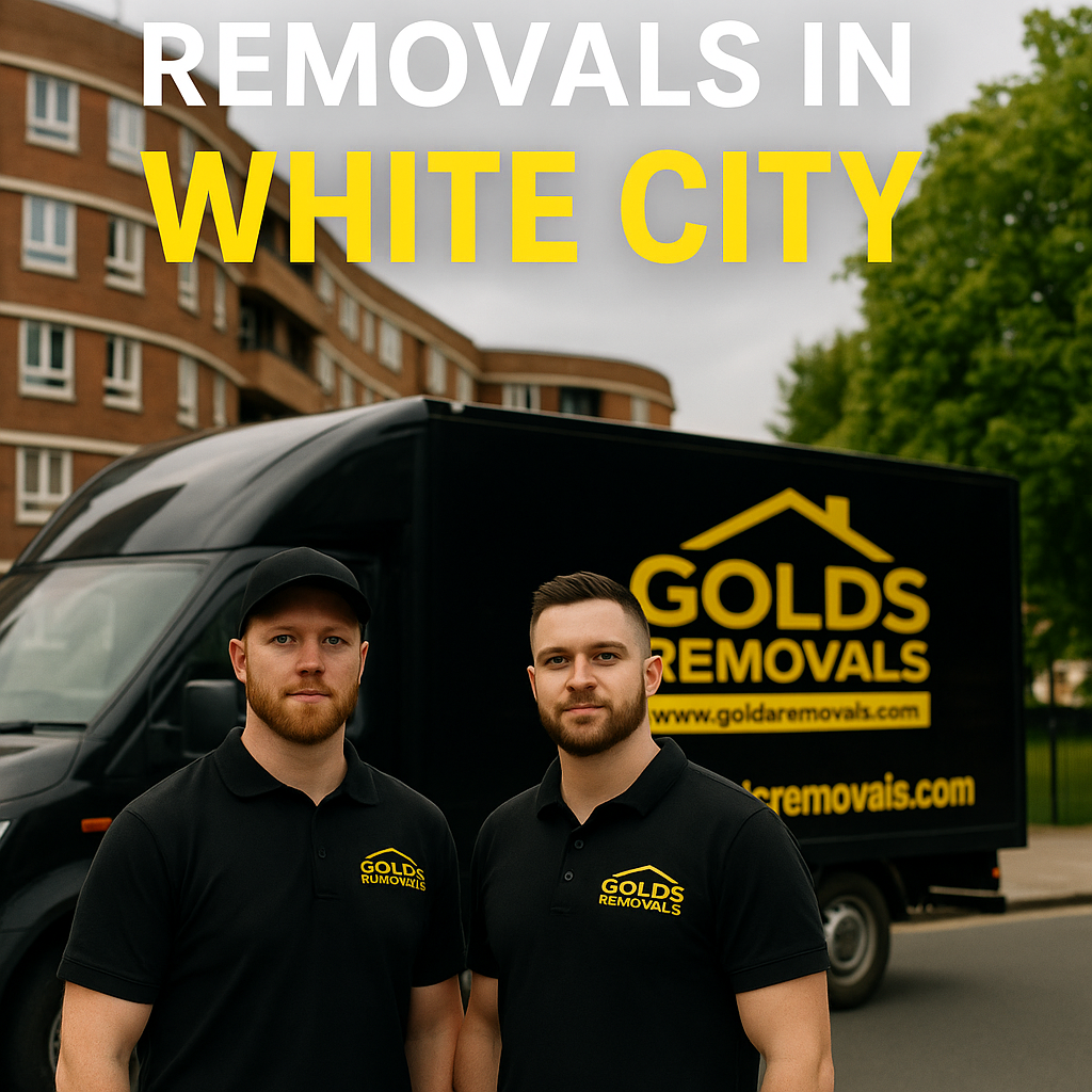 Gold’s Removals team standing beside a moving van in a residential street in White City, West London