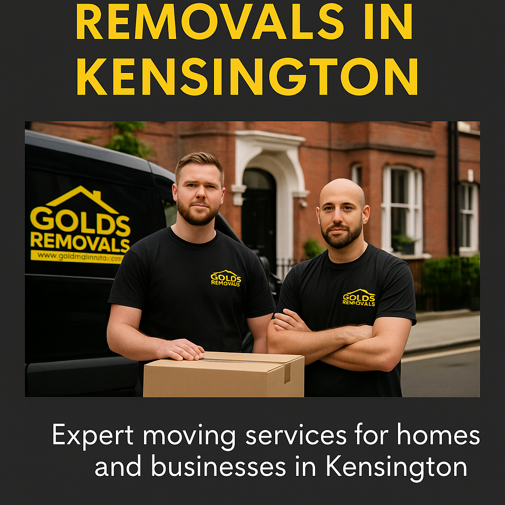 Gold’s Removals team beside a branded moving van on a residential street in Kensington, London