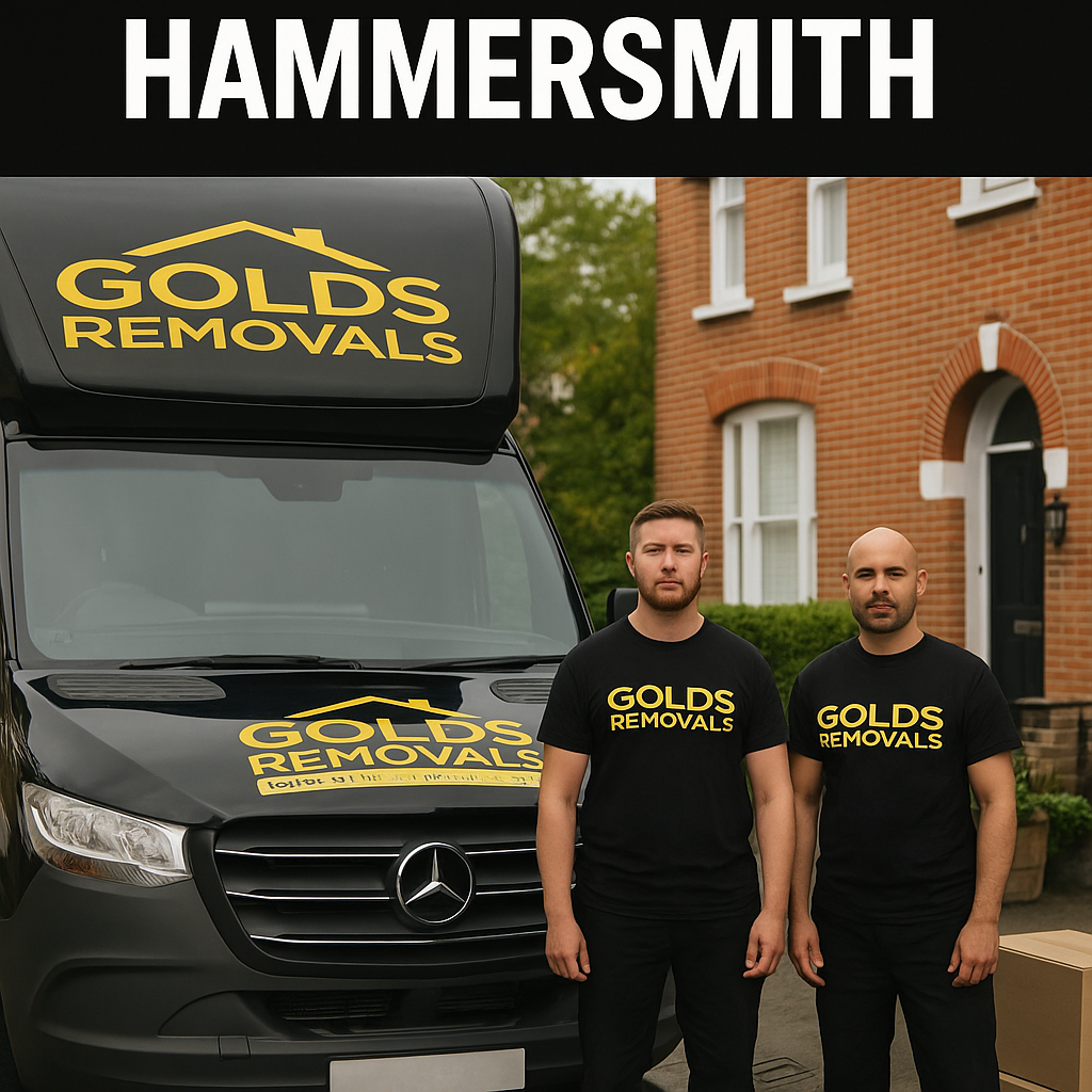 Gold’s Removals team standing beside a branded van on a quiet residential street in Hammersmith, West London