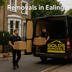 Gold’s Removals team with a branded van parked on a quiet residential street in Ealing, West London