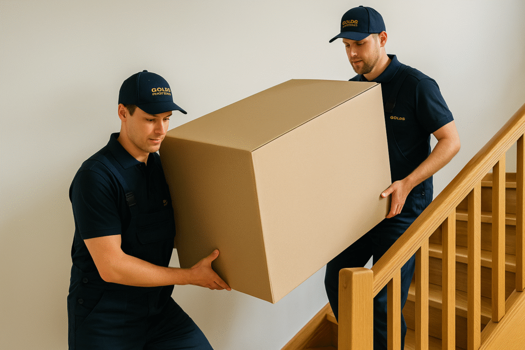 Two professional movers from Golds Removals carrying a large cardboard box up a staircase in a modern home