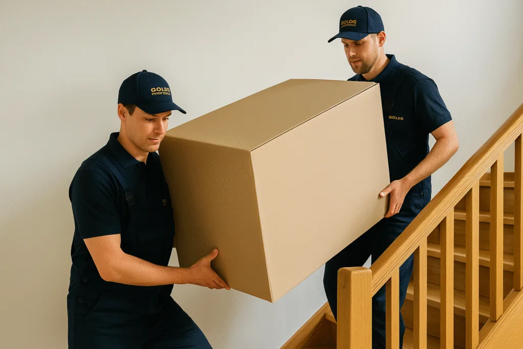 Two professional movers from Golds Removals carrying a large cardboard box up a staircase in a modern home