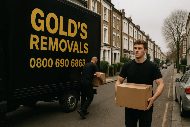Two movers from Gold’s Removals working on a quiet street in Chiswick with a black and gold removals truck