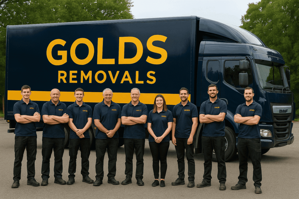 Gold’s Removals team standing in front of branded moving van in London