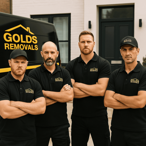 Four Gold’s Removals employees, including ex-veterans, standing in front of a black and gold branded moving van